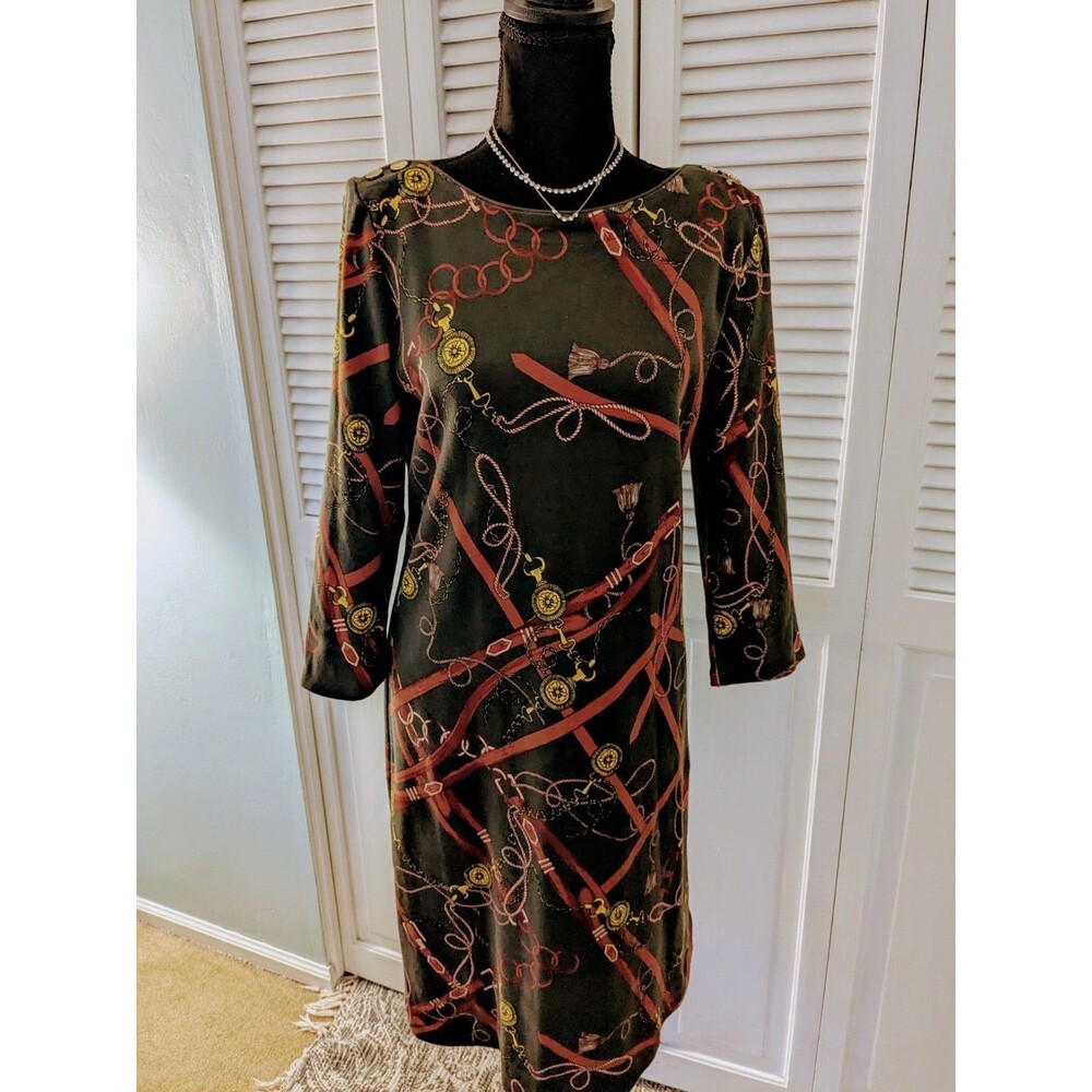 Talbots Dress Women's M Olive Equestrian Bit & Bridle Long Sleeve Western Status